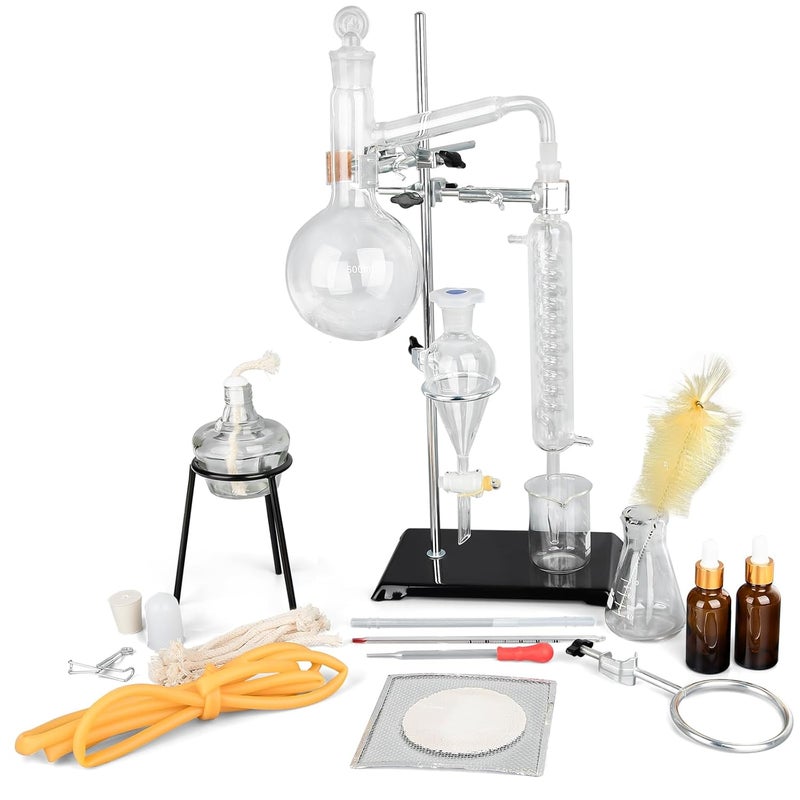 Xeoca Essential Oil Distillation Kit - 500ml Distillation Apparatus Water Distiller 3.3 Boro Lab Glassware Distillation Kit with 24/40 Joint, 31pcs Set - Image 1